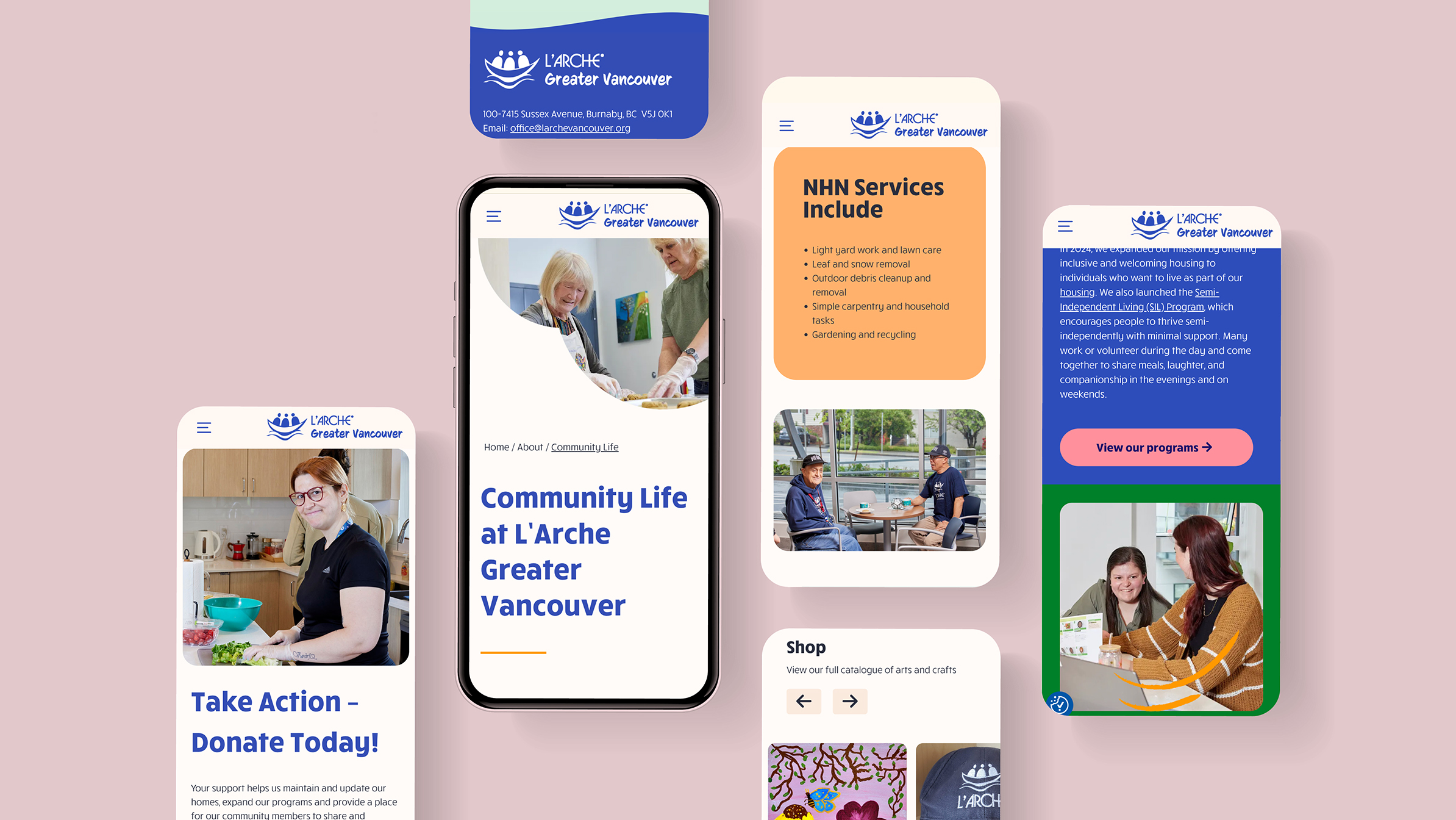 Graphics of various mobile devices displaying various web pages from L'Arche Greater Vancouver website