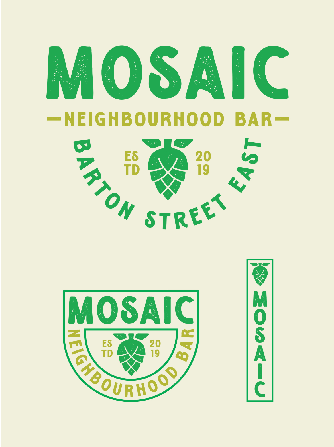 Mosaic Logo - green stamp font and hop graphic