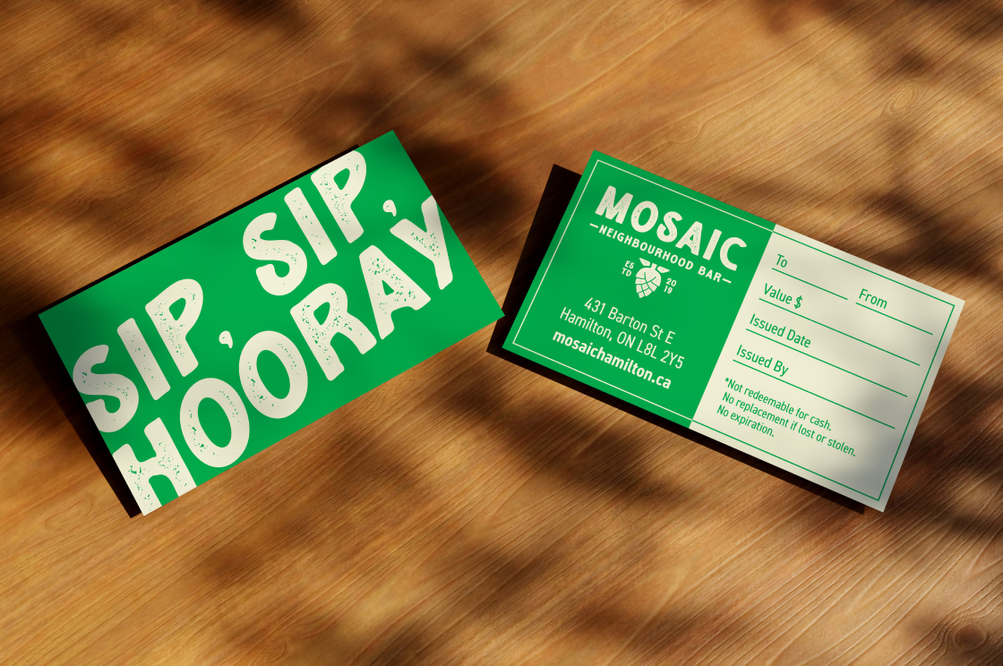 Back and front of Mosaic gift card - with words 'sip sip hooray' across green backgorund
