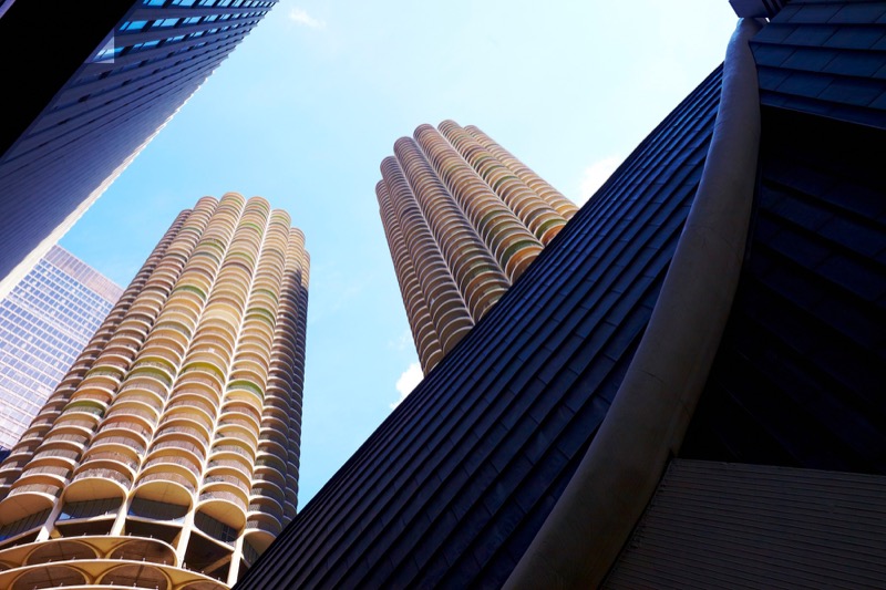 View of tall buildings, taken from ground level point of view